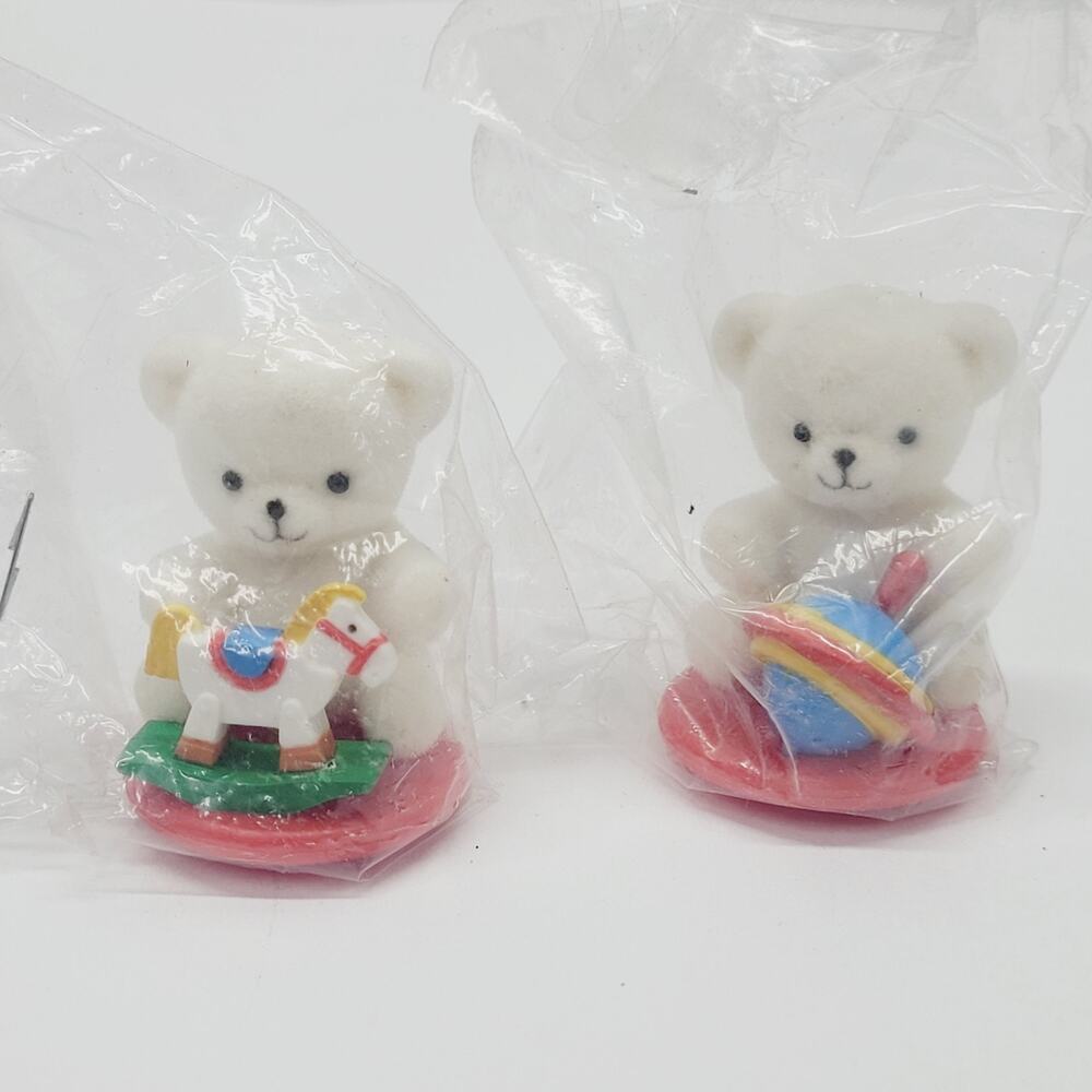 Teddy Bear White Flocked Enesco Imports Figure Top Rocking Horse Toys 1985 New